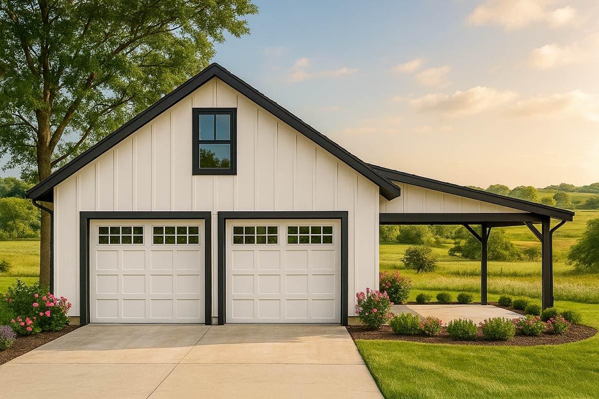House plan exterior featuring Modern Farmhouse style with a two-car garage, board-and-batten siding, and a gabled roof with a covered porch.