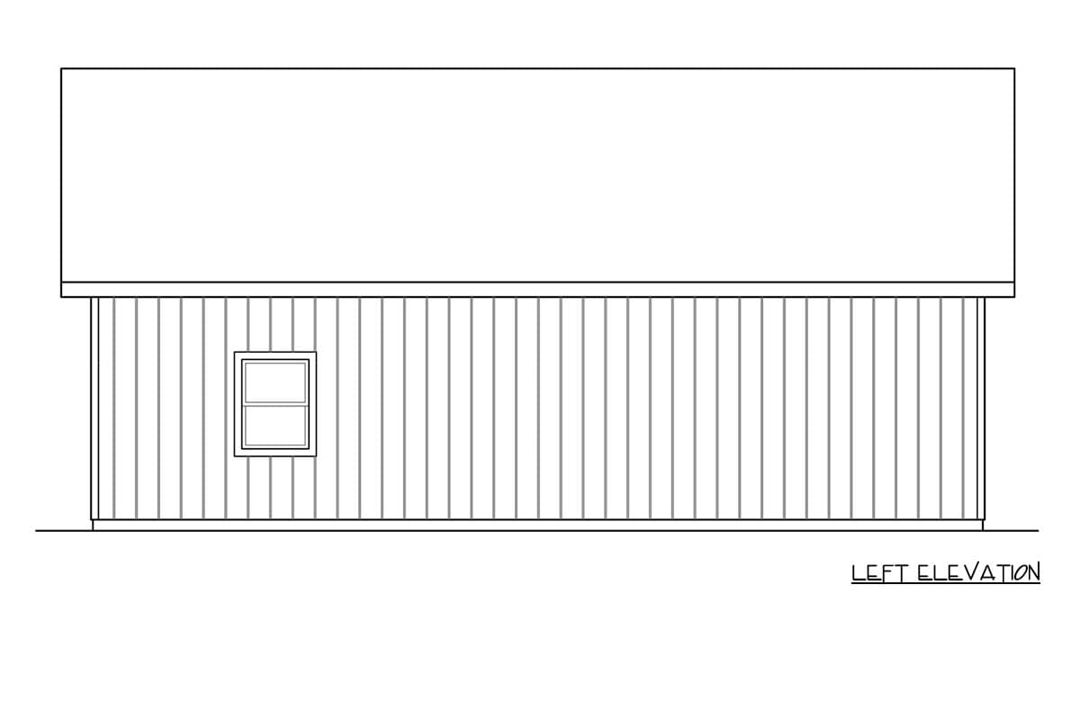 Left elevation drawing of a house plan with vertical siding and one window.