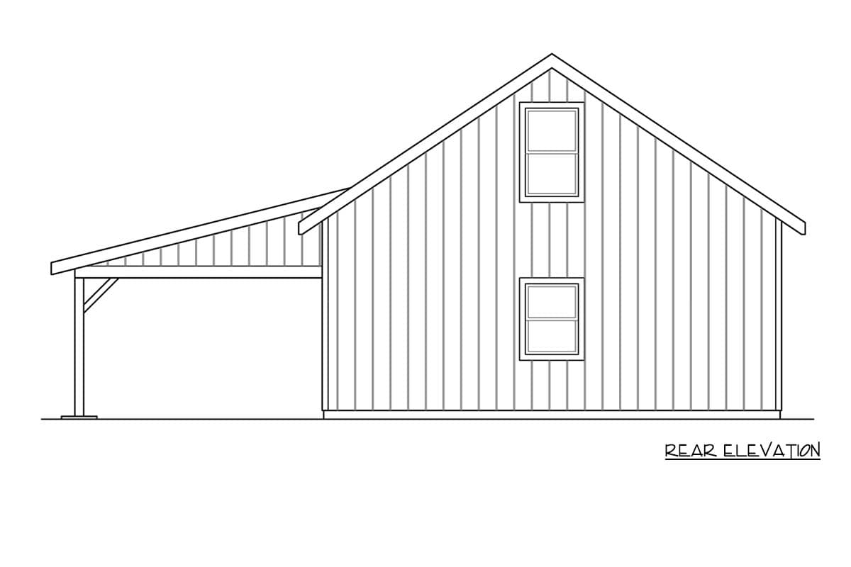 Rear elevation house plan drawing with vertical siding, two windows, and an attached single-bay carport with a shed roof.