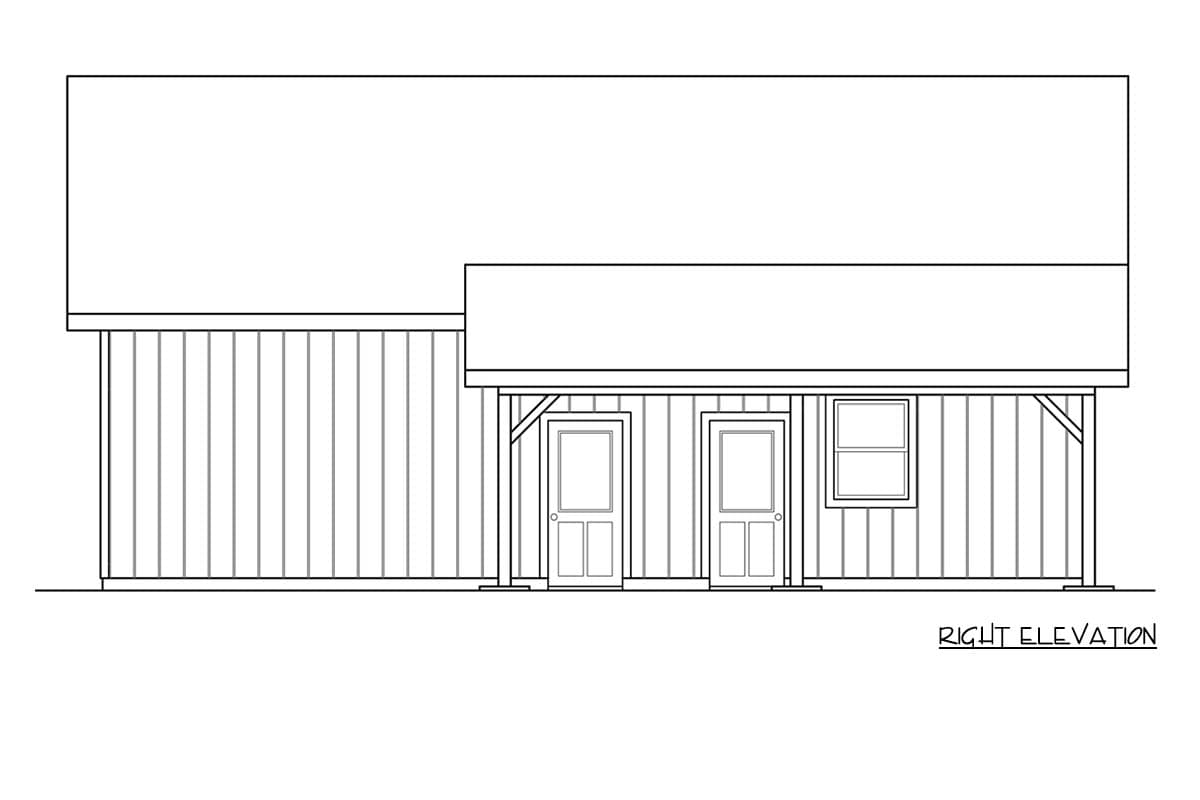 Right elevation drawing of a house plan featuring two doors, a window, and vertical siding, with a covered porch.