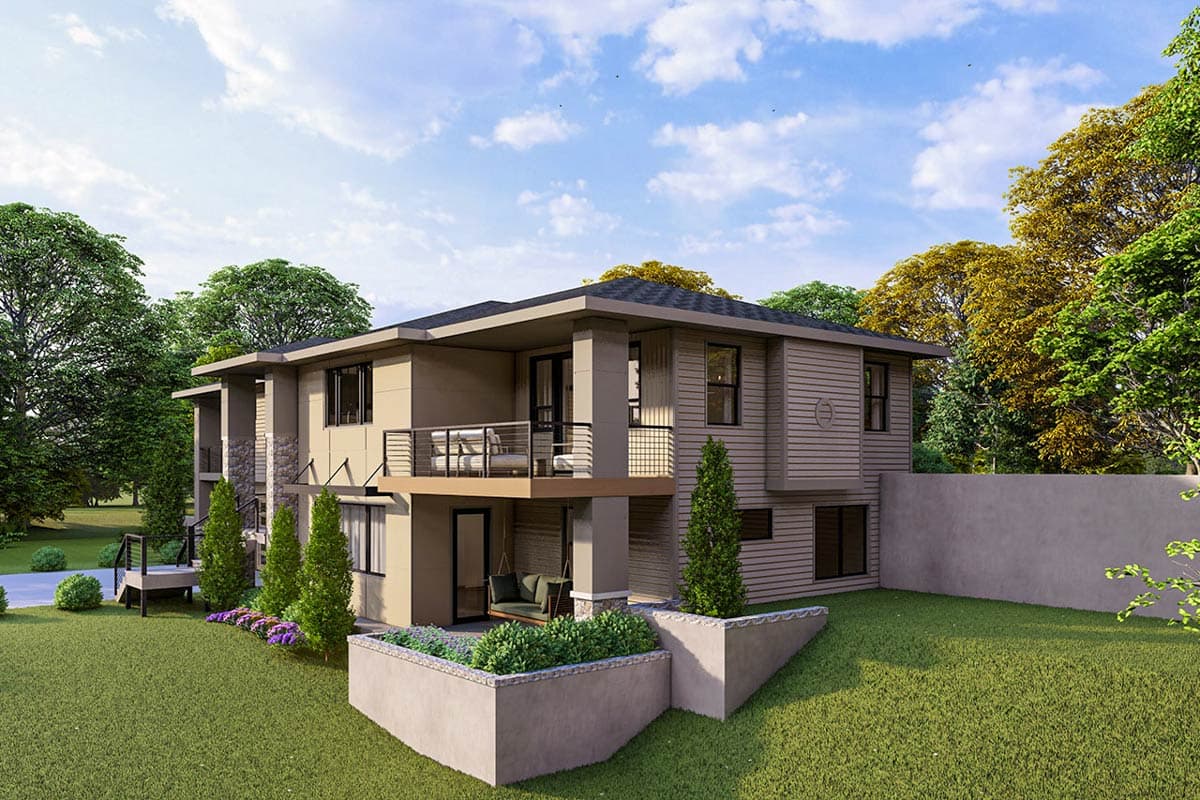 House plan exterior of a two-story modern home with balconies, stone accents, horizontal siding, and a flat roof.
