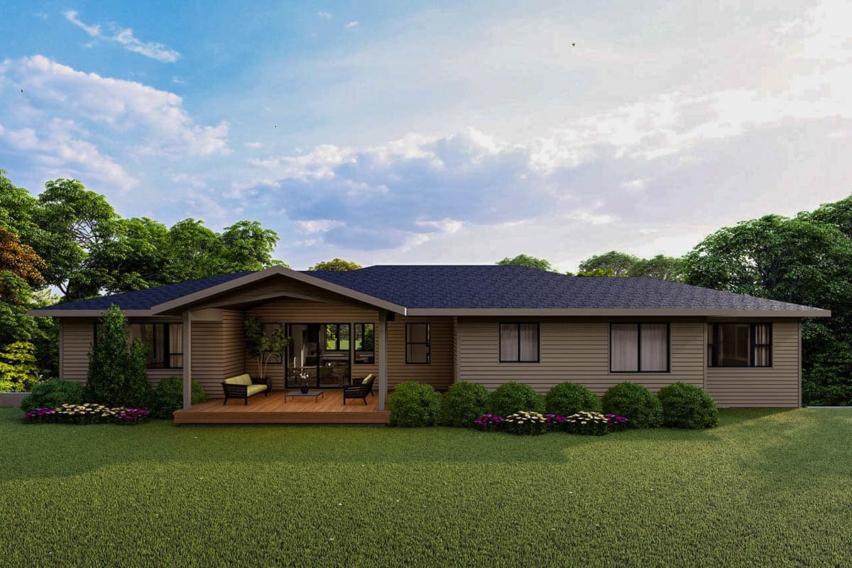 House plan exterior: One-story home with a covered deck, horizontal siding, and gabled roof sections.