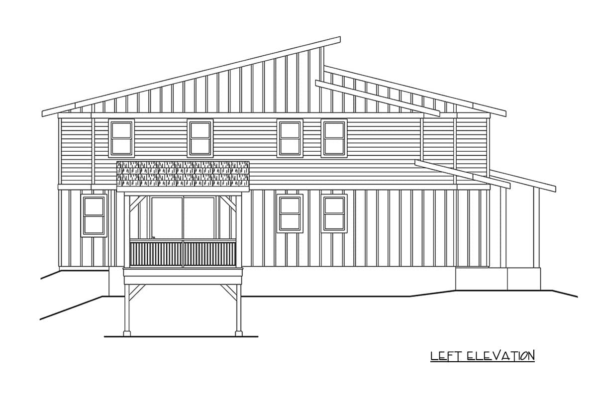 Left elevation drawing of a two-story house plan with horizontal siding, multiple windows, and a covered porch with a deck.