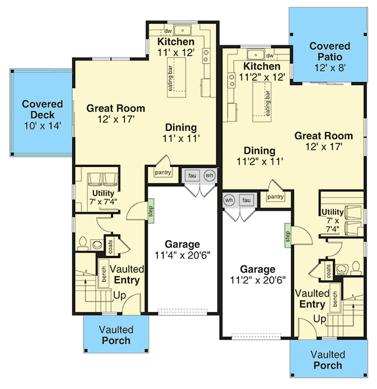 Plan 720168DA: Contemporary Duplex House Plan with 6 Beds, Lofts, and Covered Outdoor Living - Floor Plan - Main Level - Contemporary, Modern