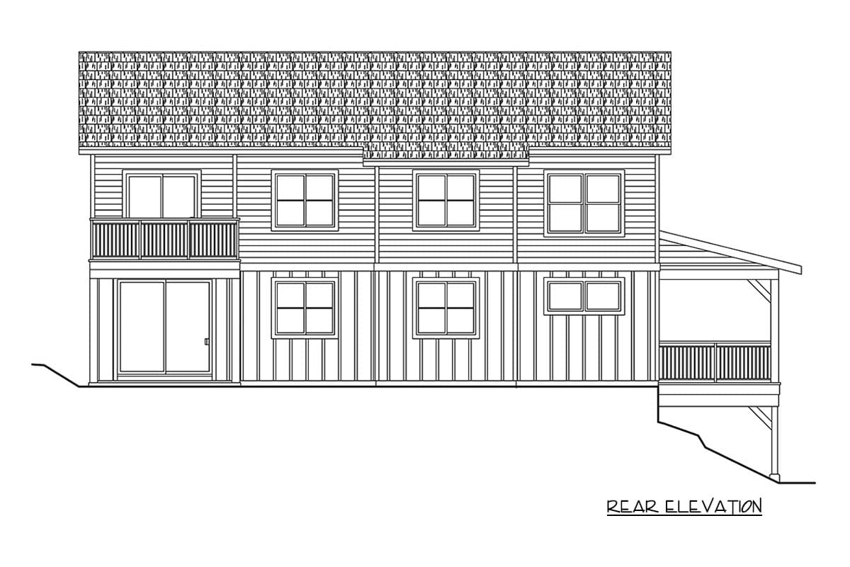 Rear elevation drawing of a two-story house plan with a balcony, sliding door, and covered porch.