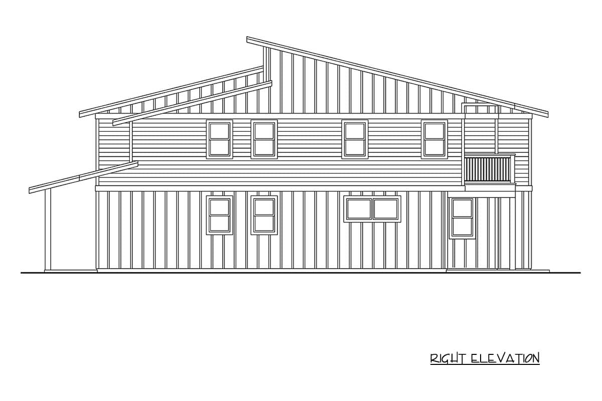 Right elevation house plan with two stories, horizontal siding, vertical siding, multiple windows, and a deck.