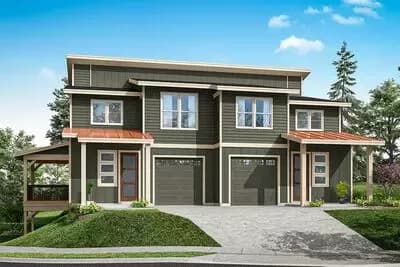 Contemporary Duplex House Plan with 6 Beds, Lofts, and Covered Outdoor Living
