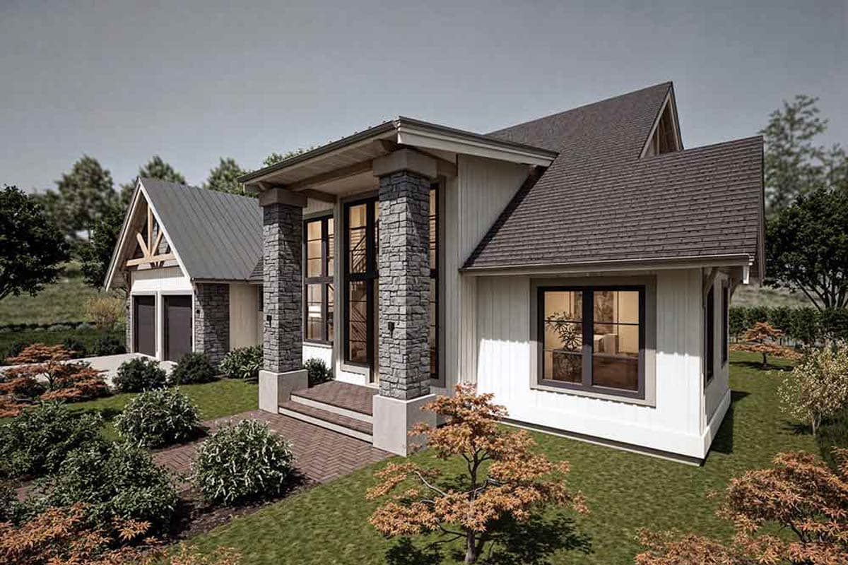 Modern Farmhouse house plan exterior with stone-clad columns, metal roof garage, and board-and-batten siding.