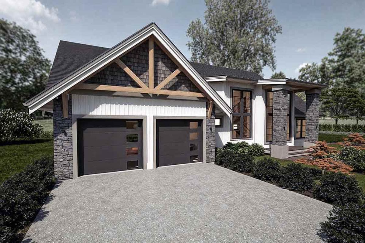 House plan exterior, Modern style, two-story, twin garage doors, stone accents, prominent gable with timber brackets.