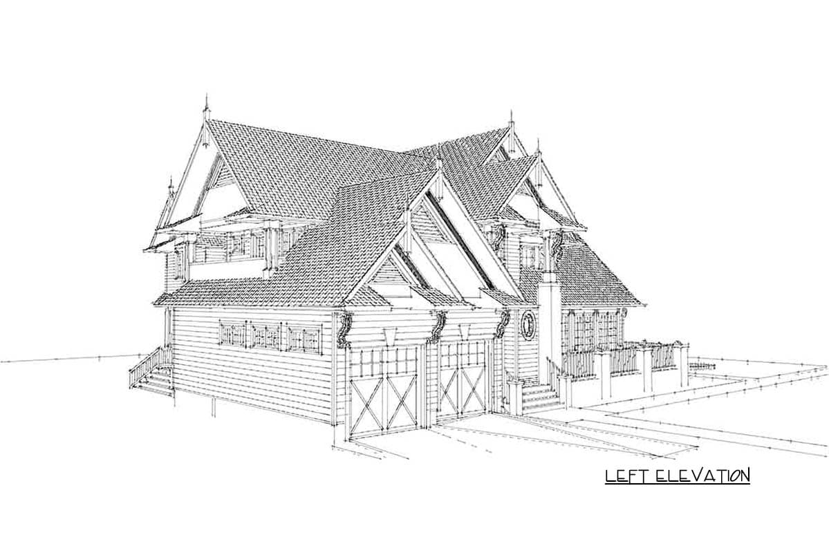 Left elevation house plan exterior showing a two-story home with a complex roofline, double garage, and decorative eaves.