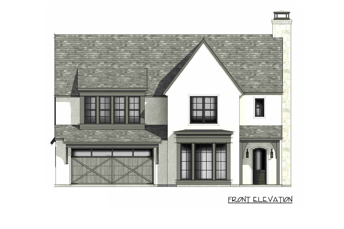 Front elevation house plan with steep gables, stone chimney, covered entry, and a two-car garage.