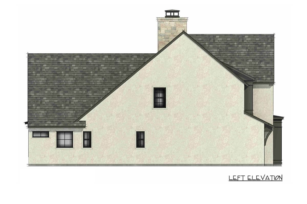 Left elevation house plan with steep gabled roof, stone chimney, stucco exterior, and multiple windows.