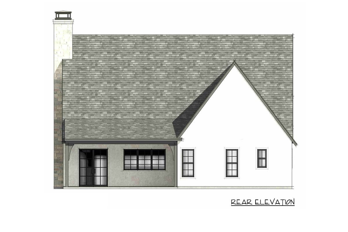 Rear elevation of a house plan showing a large gabled roof, tall chimney, and a section with a flat roof over a large window and door.