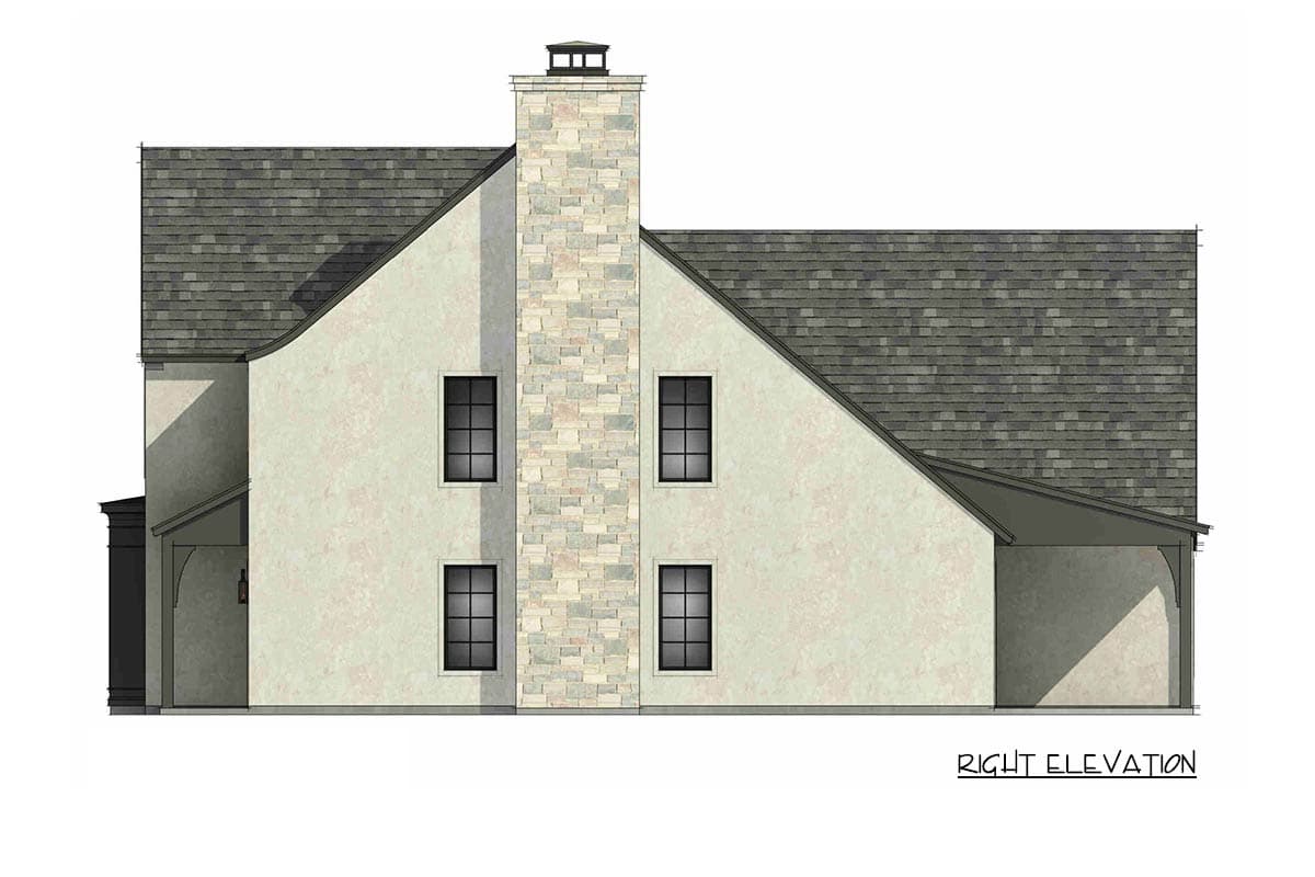 Right elevation house plan with stucco walls, stone chimney, gabled roof, and covered porte-cochère.