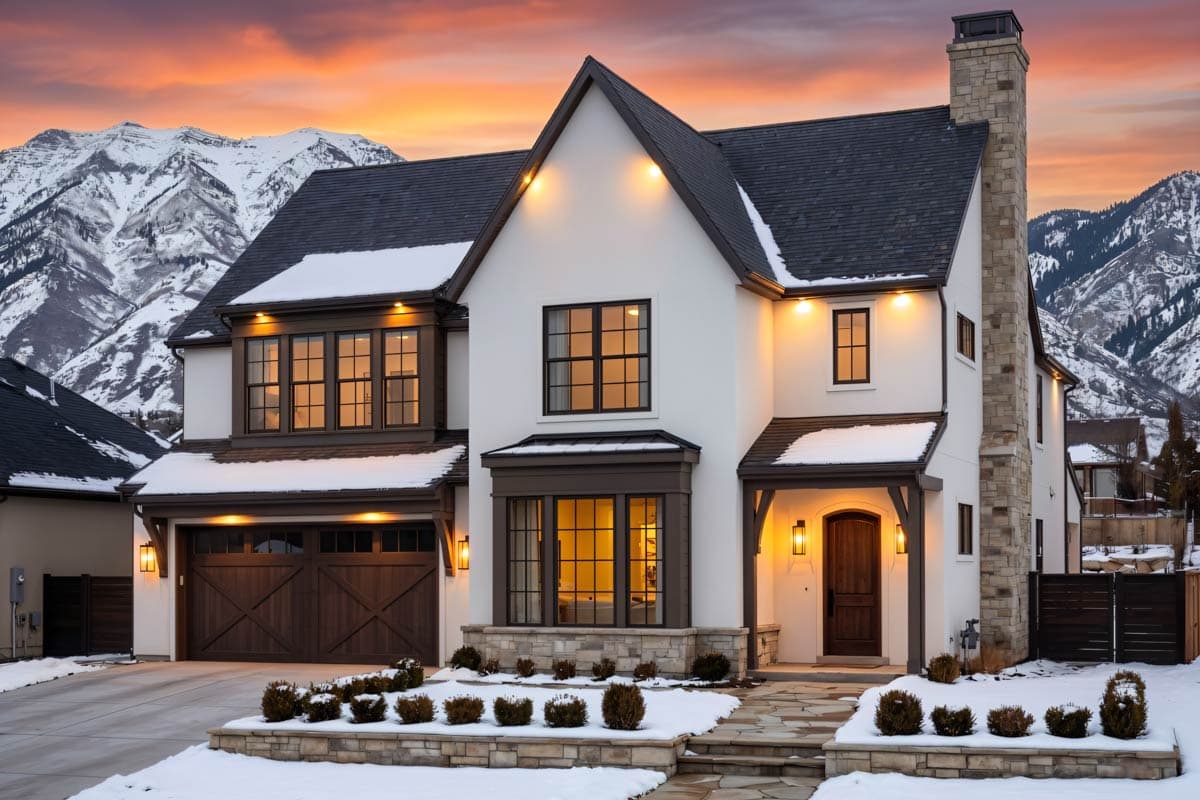 House plan exterior: Two-story Modern Farmhouse with a prominent stone chimney, dark wood garage door, and covered entry with arched doorway.