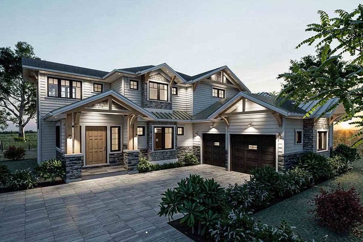House plan exterior: Modern Farmhouse style, two stories, covered entry with stone pillars, and a triple-car garage.