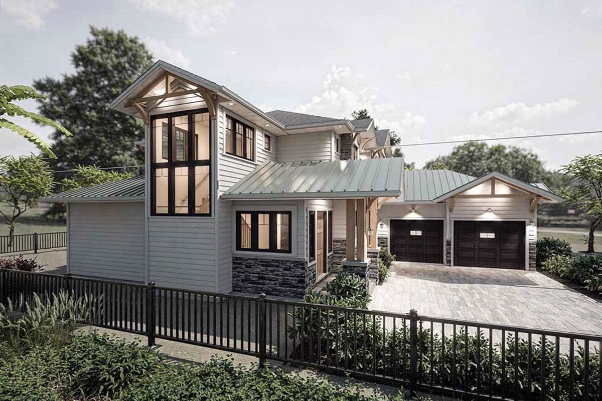 House plan exterior: Two-story modern home with metal roof, stone accent, large vertical windows, and attached two-car garage.