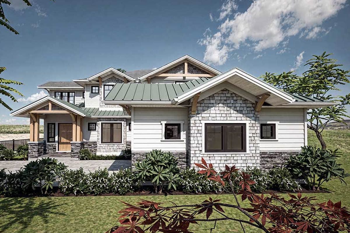 Modern house plan exterior with varied rooflines, stone and wood accents, a covered entryway, and extensive shingle siding.