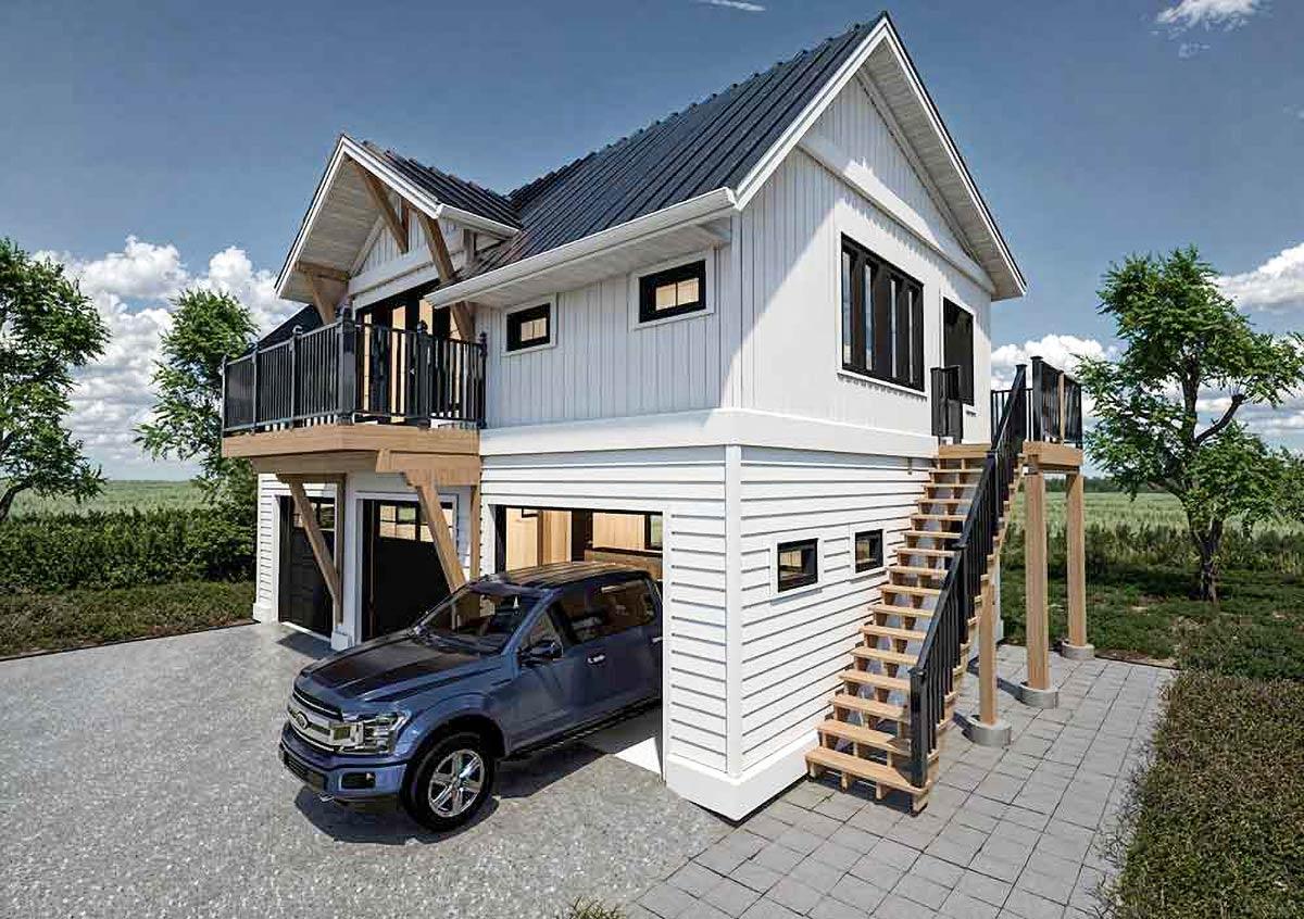 Modern farmhouse house plan exterior with gabled roof, exposed beams, second-story balcony, and attached garage.