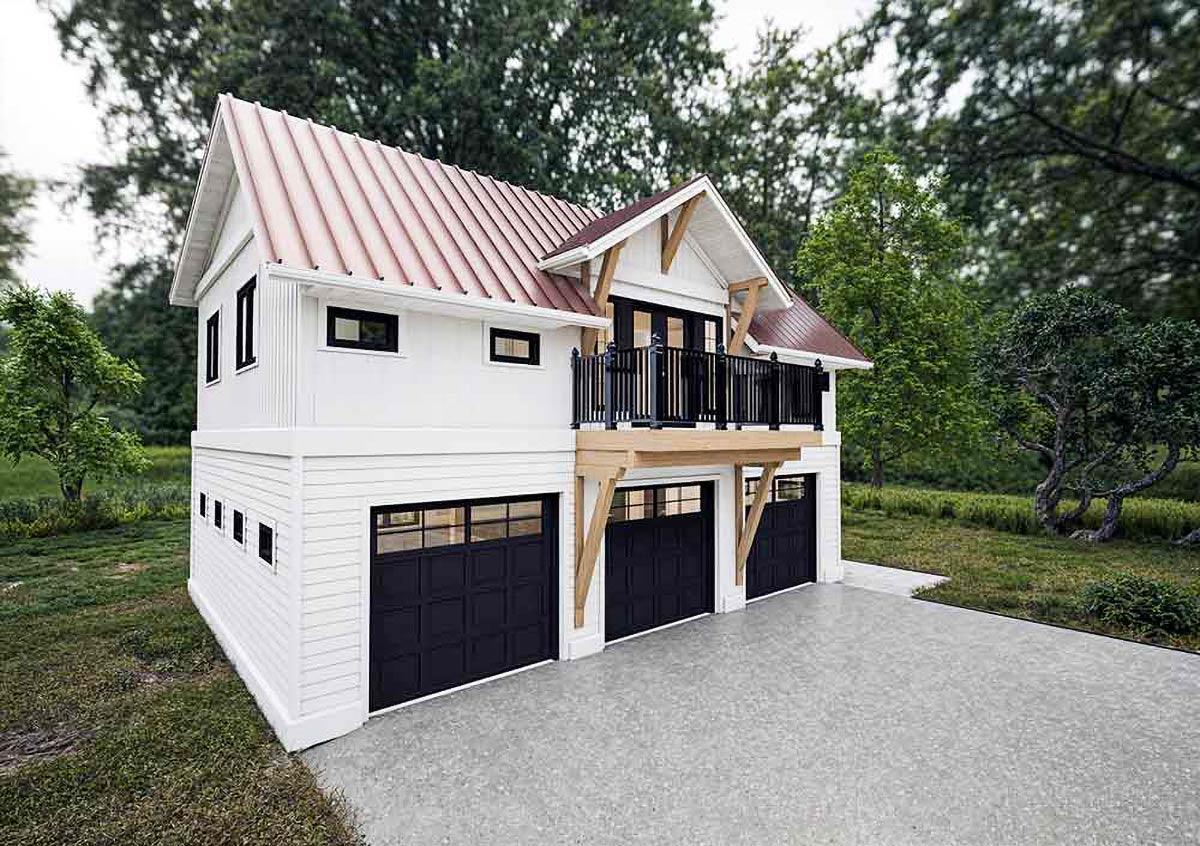 Modern Farmhouse house plan exterior with three garage doors, a second-story balcony, and a metal roof.