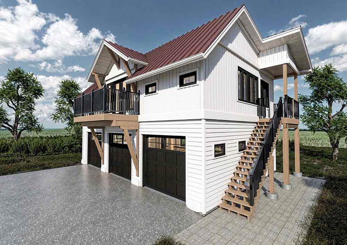 House plan exterior with three-car garage, white siding, metal roof, and elevated balcony with stairs.