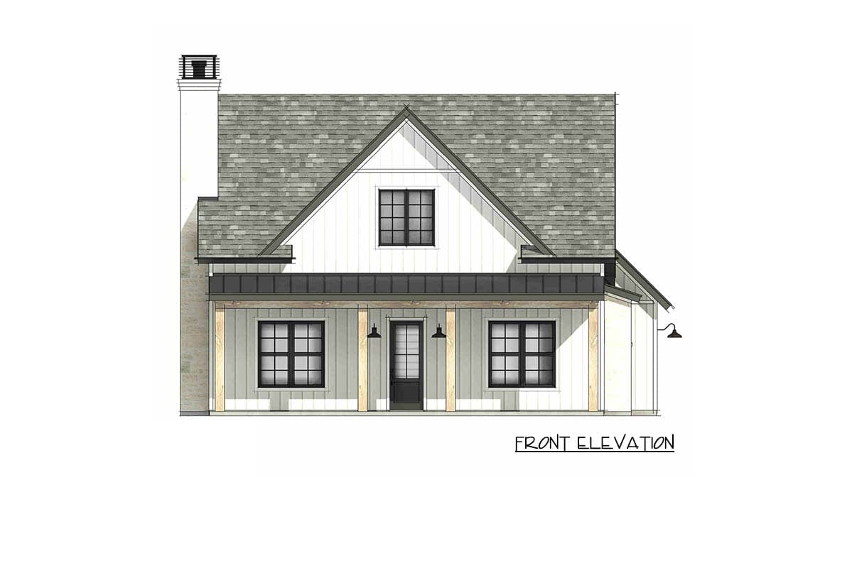 Front elevation house plan with a gable roof, prominent chimney, covered porch with wood columns, and grid windows.