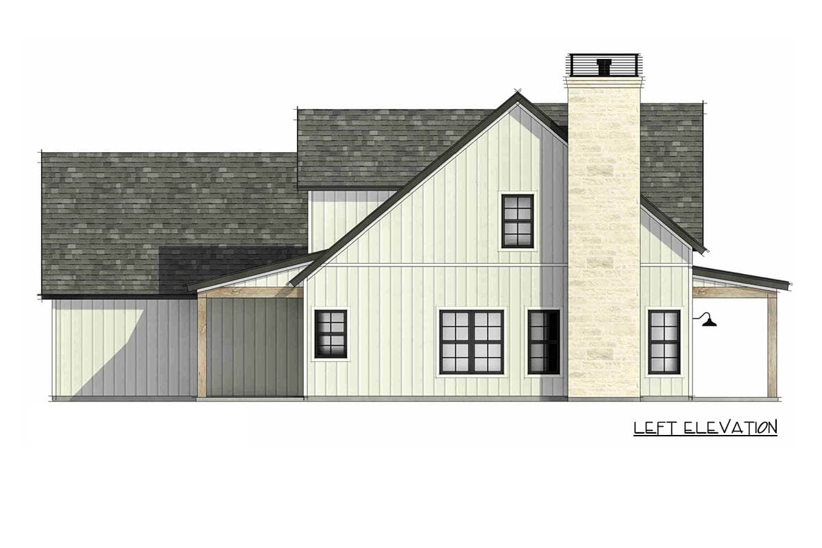 Left elevation house plan with vertical siding, gabled roof, stone chimney, and covered porch.