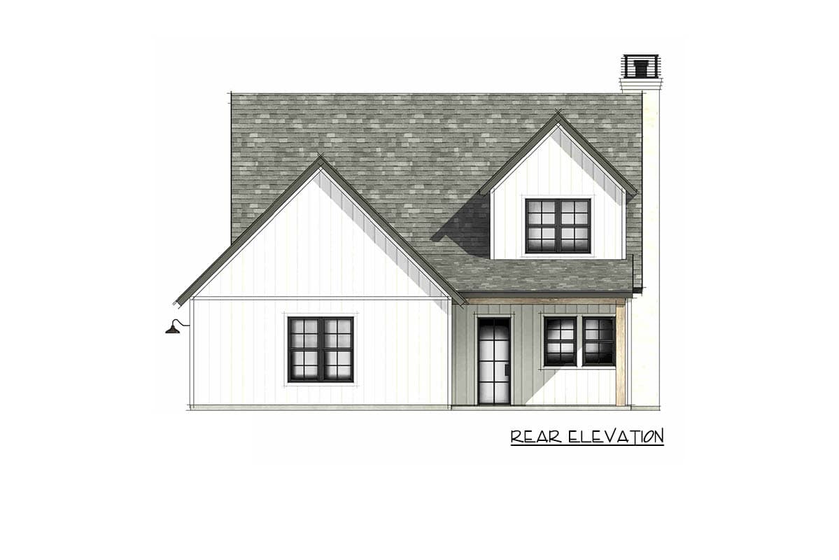 Rear elevation of a two-story Modern Farmhouse plan with board and batten siding, gables, and a dormer.