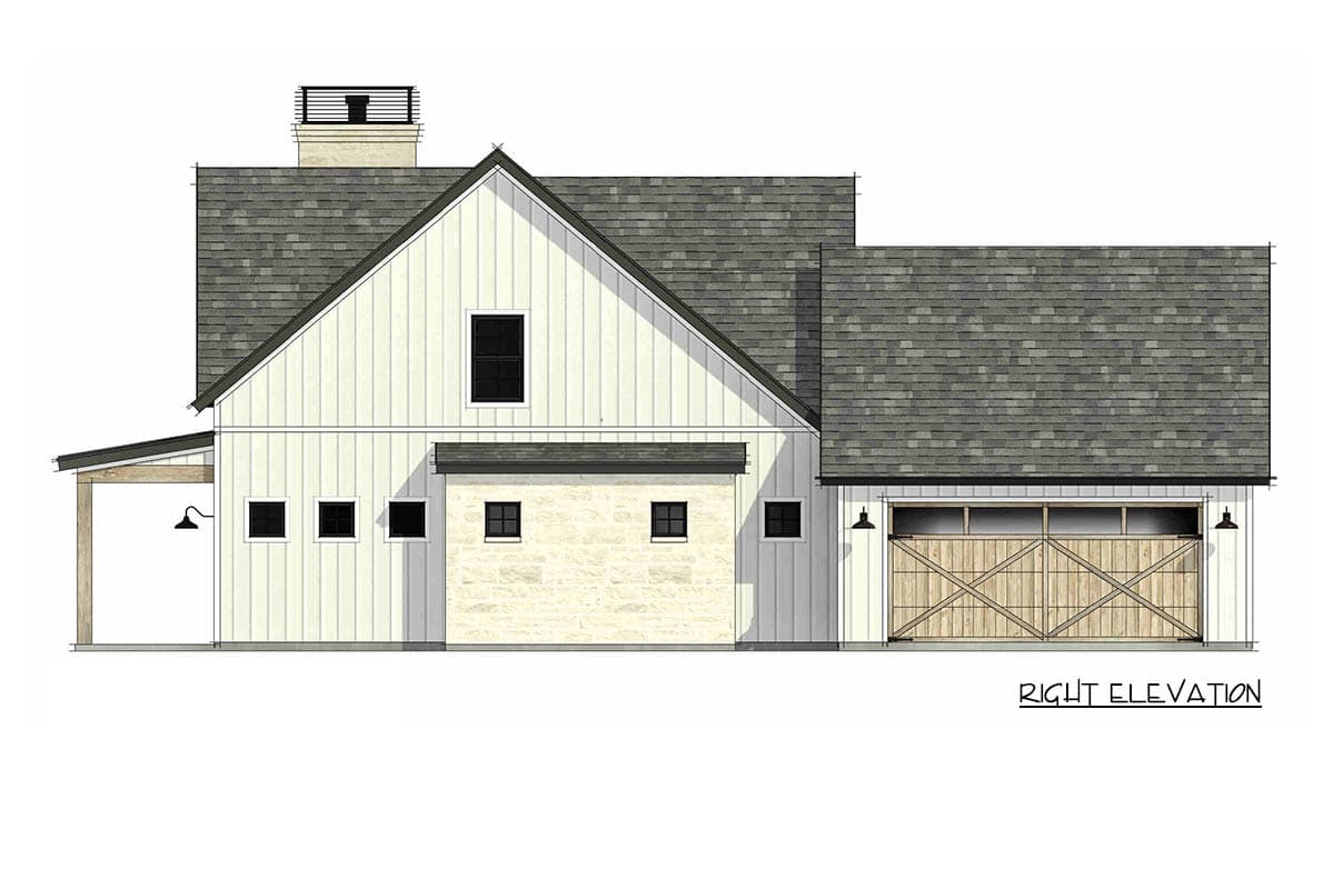 Right elevation of a house plan featuring board and batten siding, stone accents, a gable roof, and a sliding barn-style garage door.