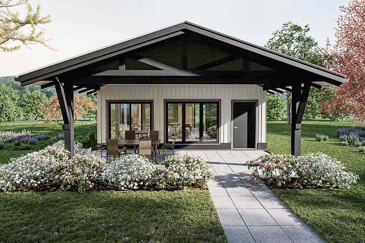 House plan exterior with modern style, one story, and an open covered patio. Features include a low-slope roof and sliding glass doors.