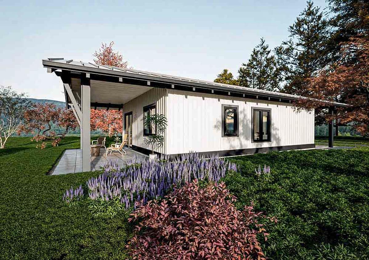 House plan exterior: Single-story modern home with a low-slope gable roof, exposed rafter tails, and a covered porch with support beams.