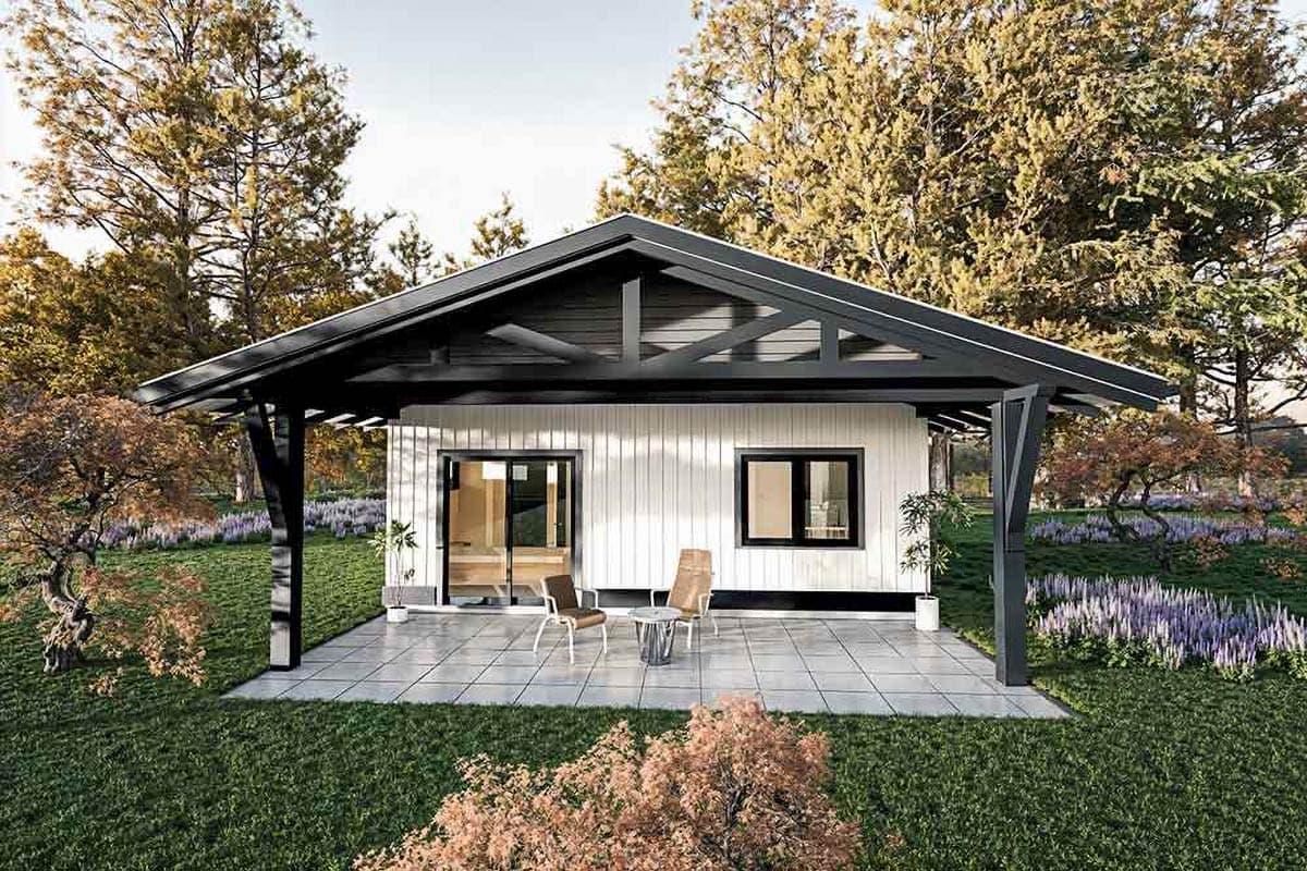 Modern house plan exterior, one story, white vertical siding, black gabled roof with exposed beams, and covered porch.