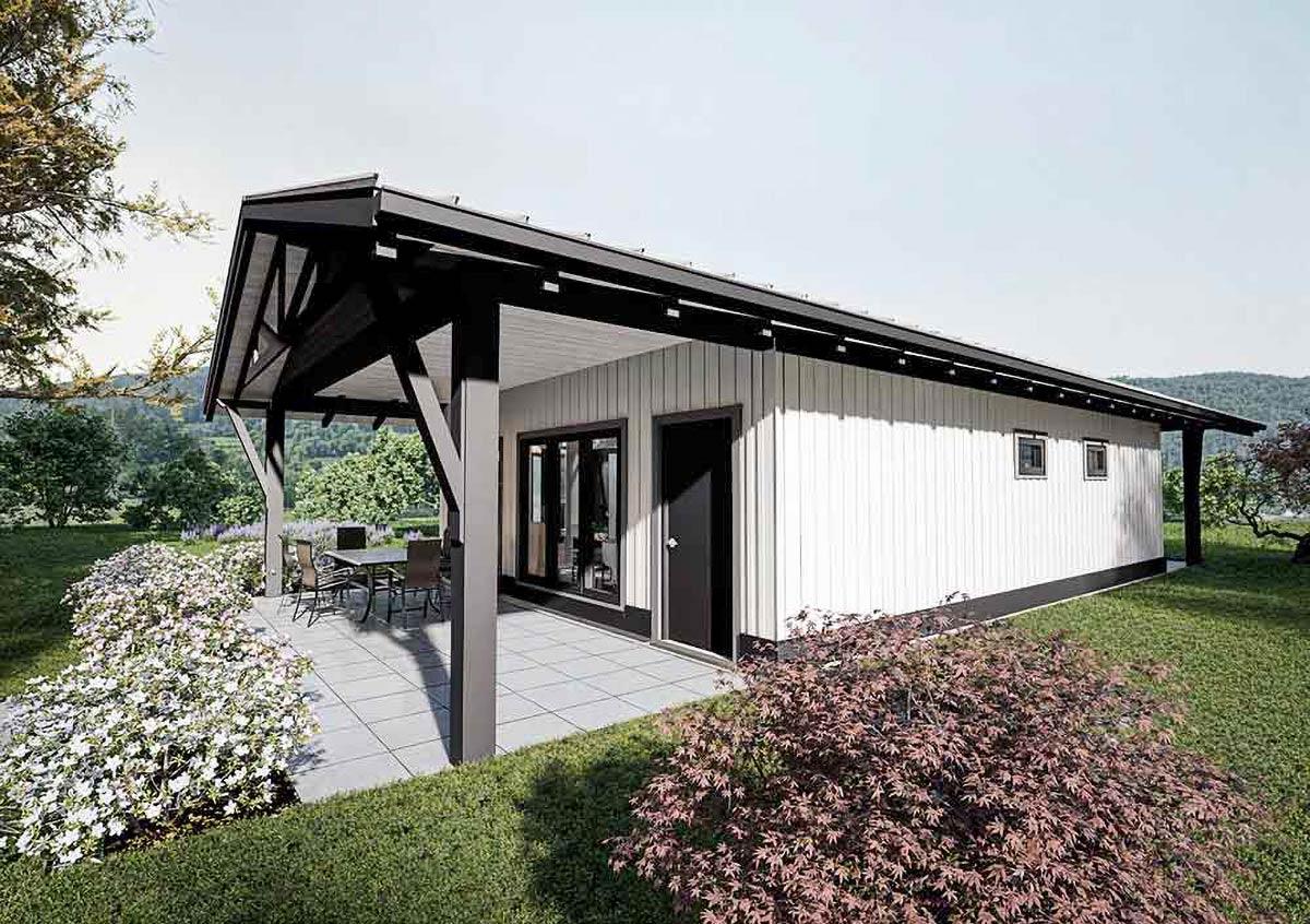 Modern house plan exterior with large covered patio featuring exposed rafters, vertical siding, and prominent dark trim.