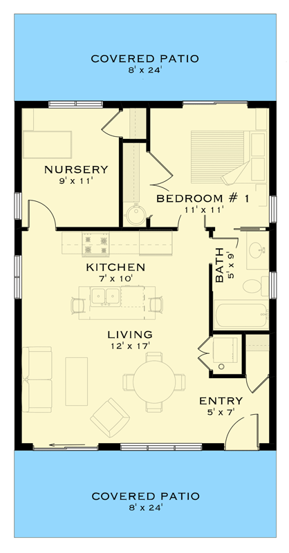 Plan 147054RML: Mid-Century Modern Cabin House Plan with 2-Bedrooms and Expansive Covered Patios - Floor Plan - Main Level - Cabin, Cottage, Craftsman, Mid Century Modern, Northwest, Rustic