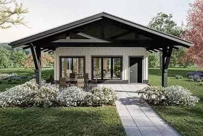 Mid-Century Modern Cabin House Plan with 2-Bedrooms and Expansive Covered Patios