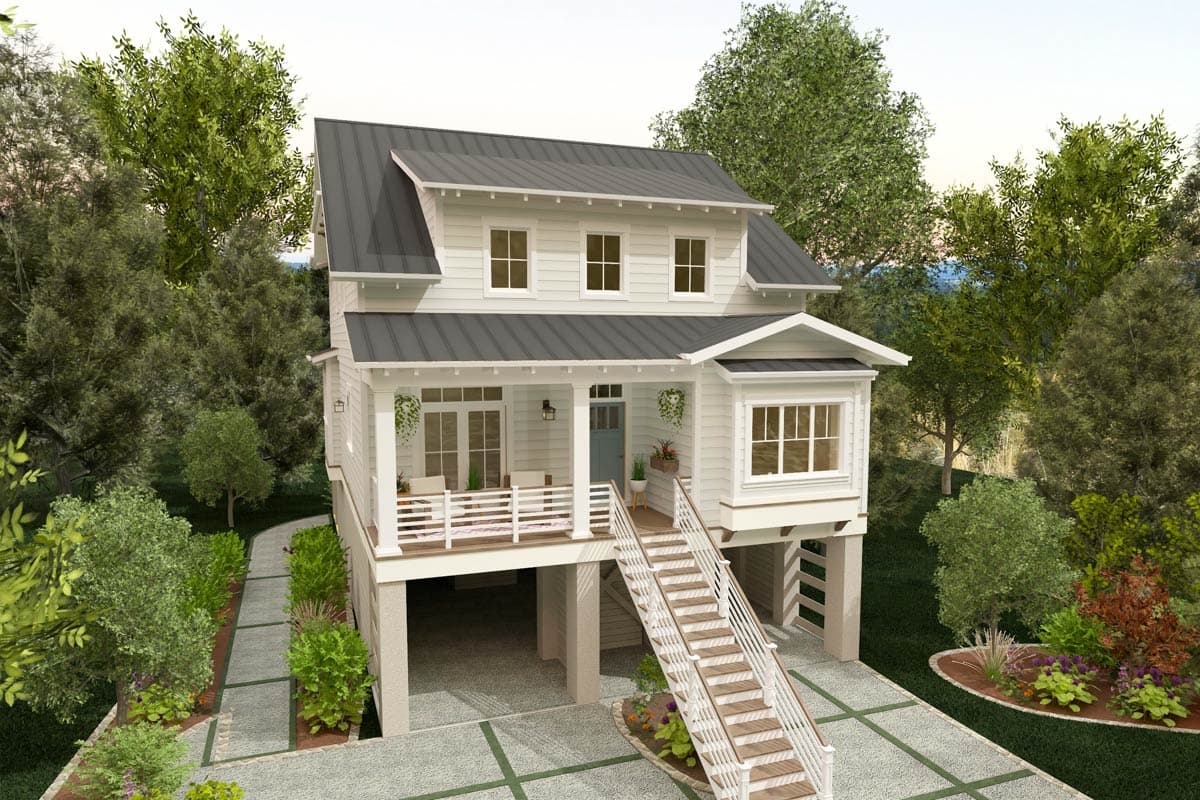House plan exterior view, two-story Coastal style with a metal roof, porch, dormers, and raised foundation.