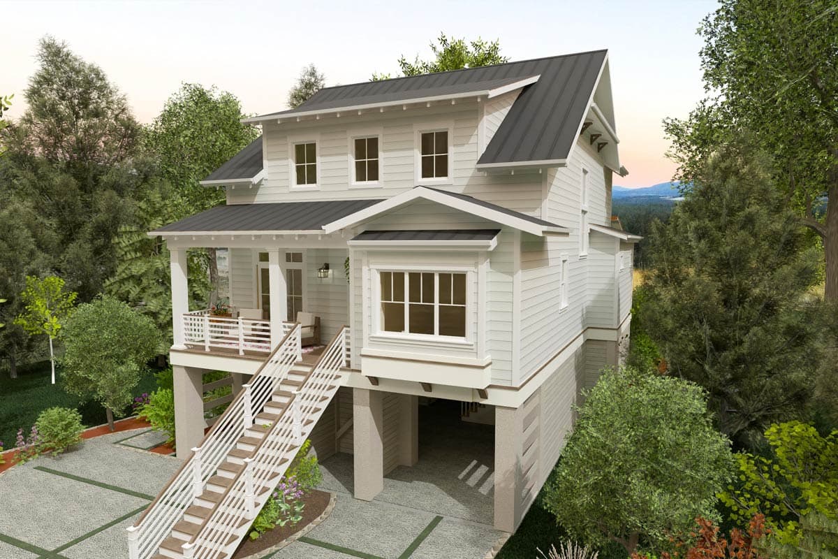 Two-story house plan exterior with a raised foundation, covered porch, prominent gables, and a metal roof.