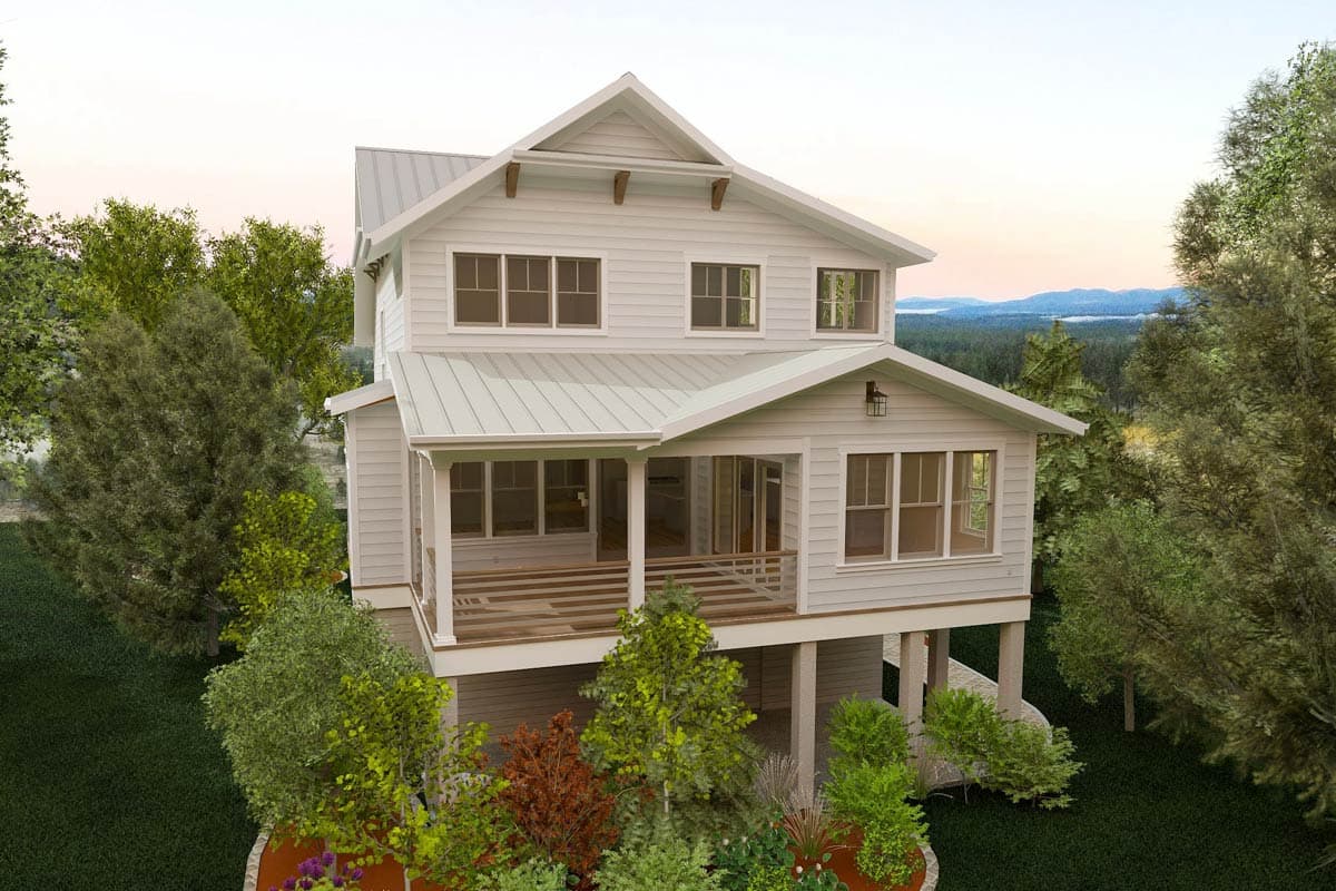 House plan exterior: Two-story Modern Farmhouse with wraparound porch, metal roof, and prominent gables.