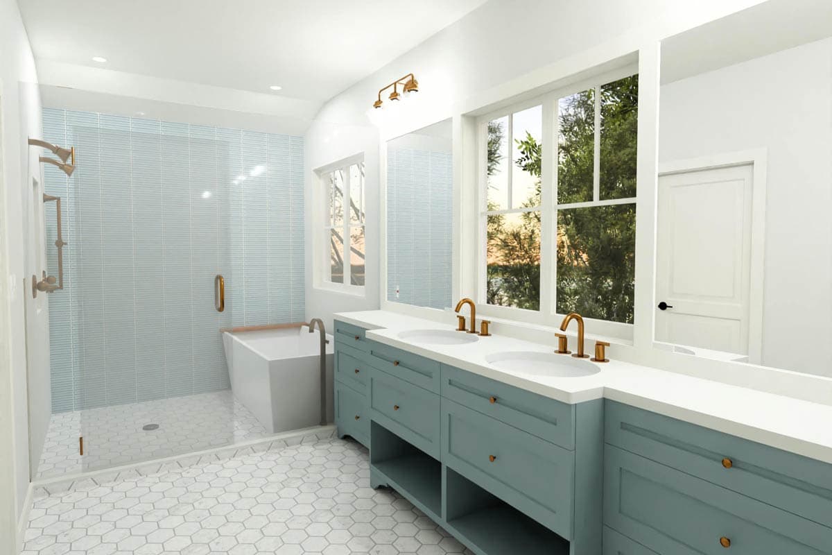 Bathroom rendering with freestanding tub, glass-enclosed shower with blue tile, and double vanity with white countertops.