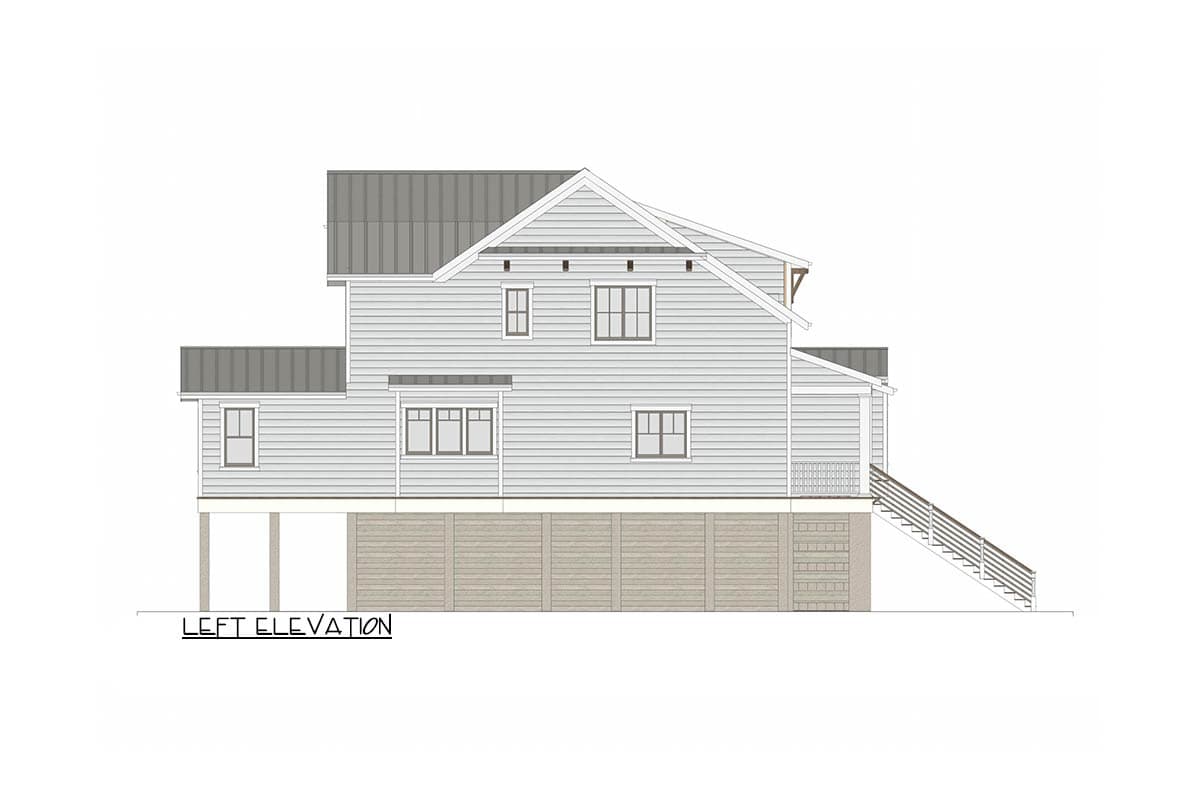 Left elevation drawing of a house with a metal roof, lap siding, and a raised foundation with horizontal siding.