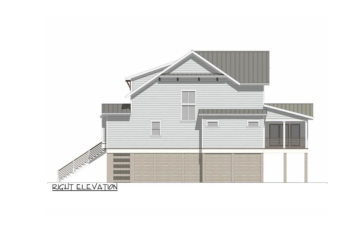 Right elevation house plan showing a two-story structure with a metal roof, siding, stairs, and a covered porch.