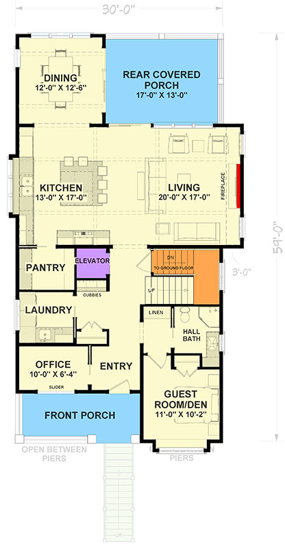 Plan 765061TWN: Elevated Coastal Contemporary House Plan with 4 Beds, Elevator, Office - Floor Plan - Main Level - Coastal Contemporary, Farmhouse, Florida-Style