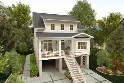 Elevated Coastal Contemporary House Plan with 4 Beds, Elevator, Office