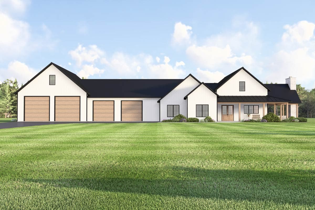 House plan exterior. Modern farmhouse style with a black roof, multiple gables, a covered porch, and a three-car garage.