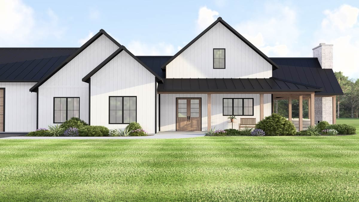 Modern Farmhouse house plan exterior with gabled rooflines, vertical siding, a covered porch, and stone chimney.
