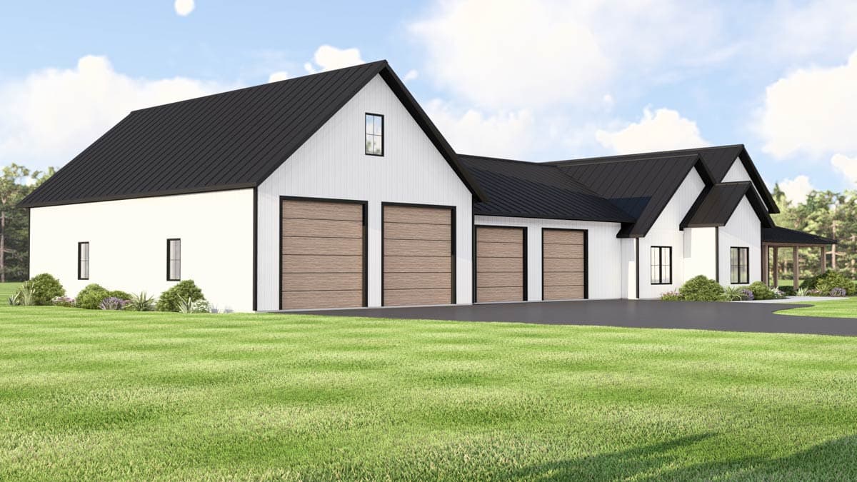 Modern Farmhouse house plan exterior with white siding, black metal roof, and five garage doors.