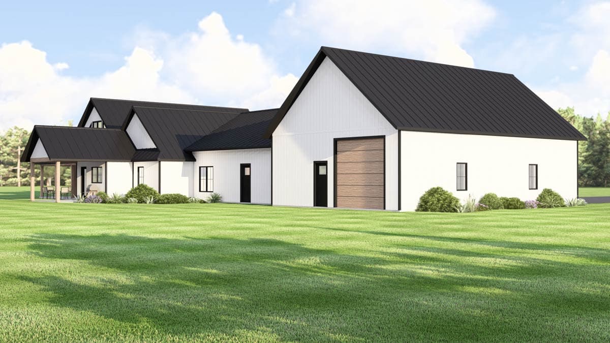 Modern Farmhouse house plan exterior with white board-and-batten siding, dark gables, and a covered porch.