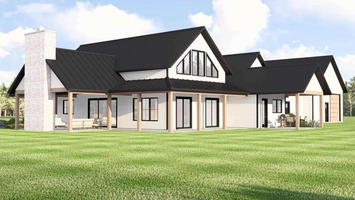 Modern Farmhouse house plan exterior with gables, large stone chimney, and covered porches.