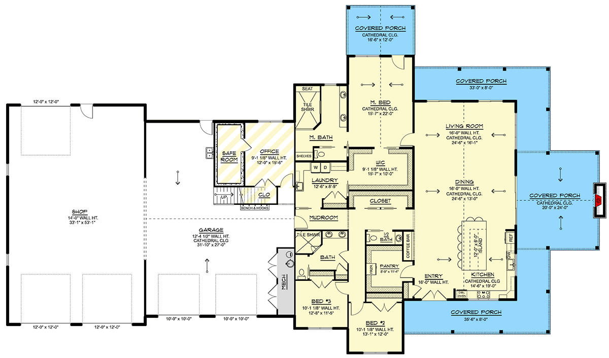 Plan 135397GRA: Modern Barndominium House Plan with 4-Car Garage, Workshop, and Loft - Floor Plan - Main Level - Barndominium, Country, Craftsman, New American, Ranch