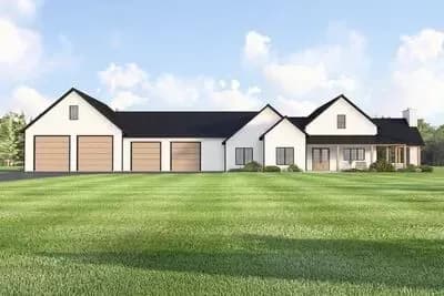 Modern Barndominium House Plan with 4-Car Garage, Workshop, and Loft
